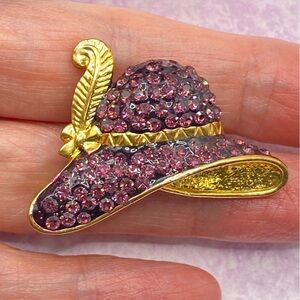 Signed LS Gold tone Hat Brooch Pave Purple Rhinestones With Feather